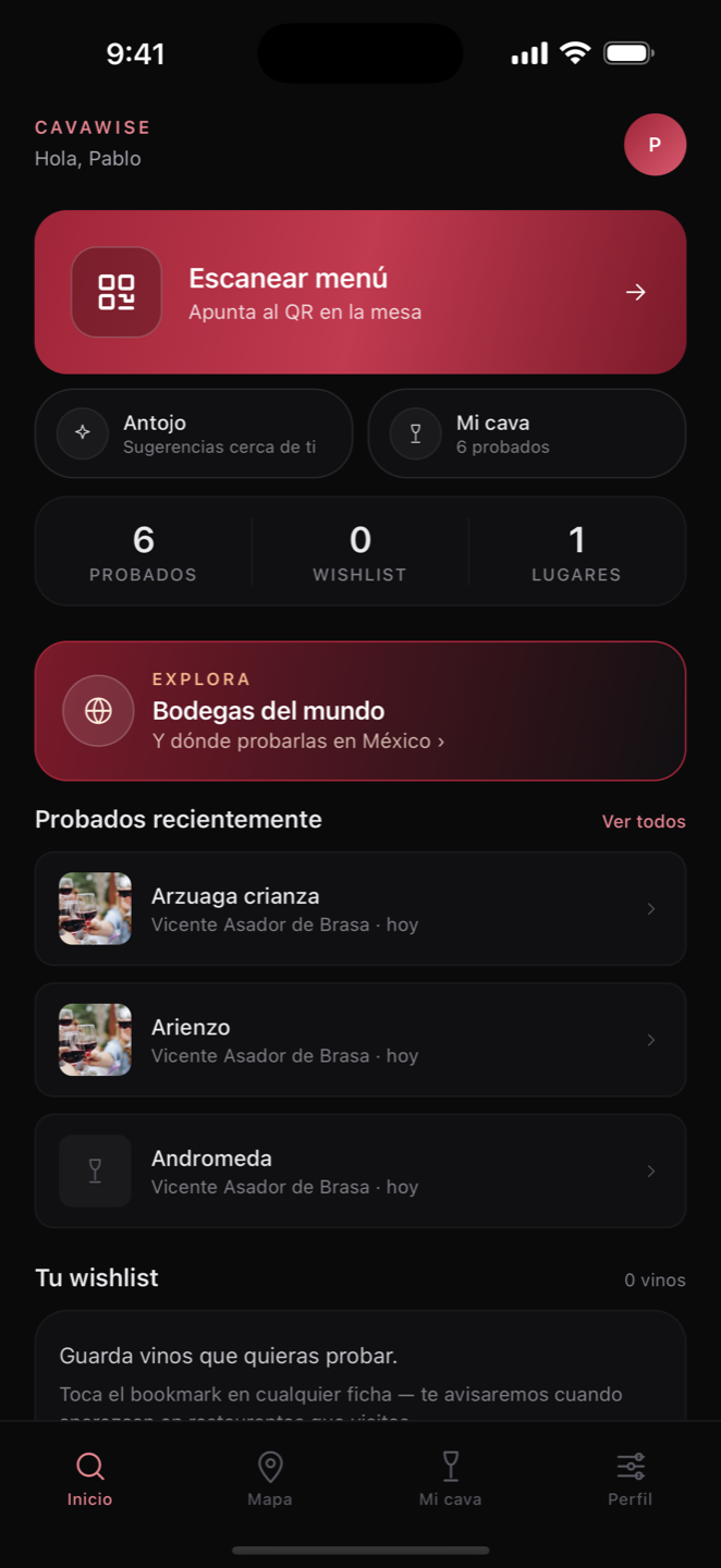 App Cavawise para comensales — inicio con escaneo de menú, vinos probados y wishlist