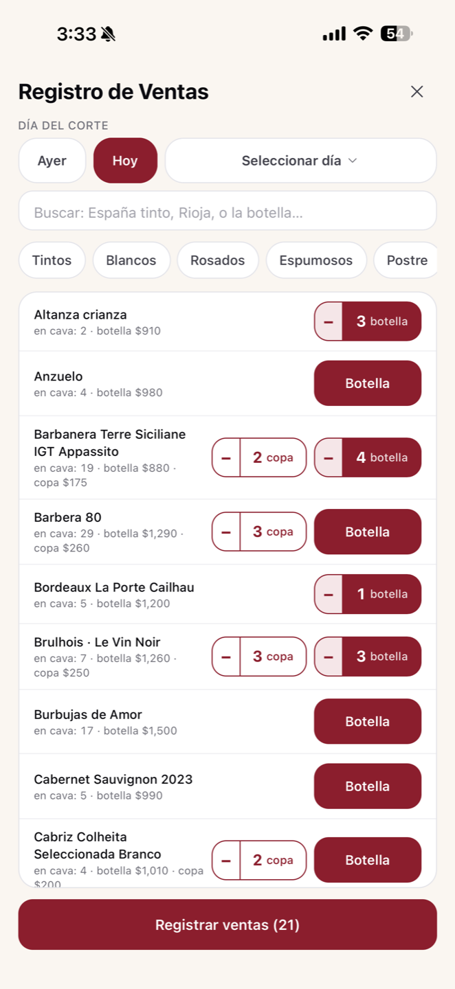 CW Operación — registro de venta por copa o botella con dos taps